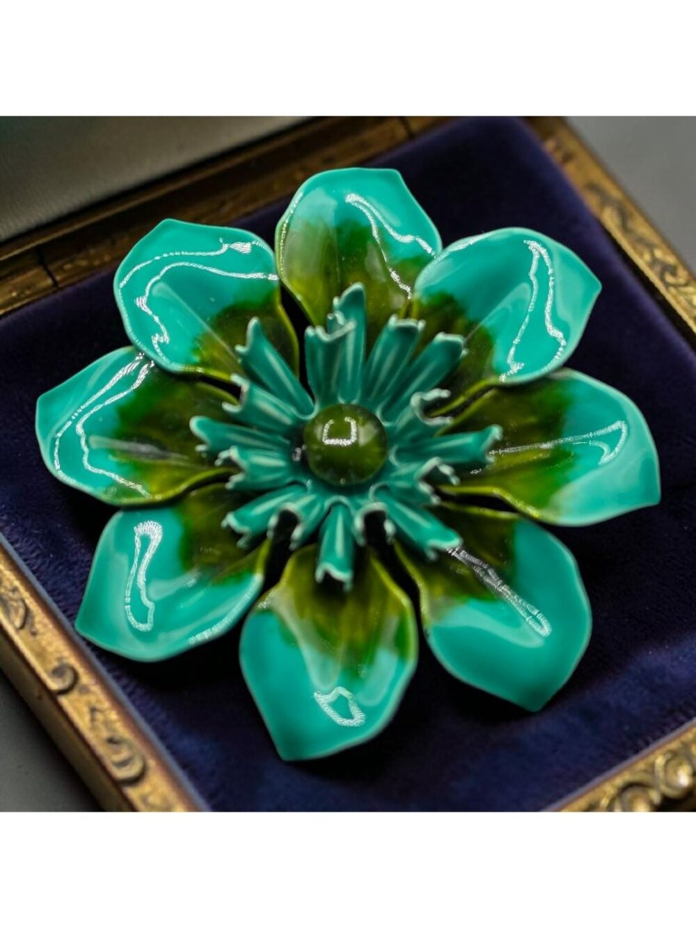 Vintage Enamel Teal Olive Green Flower Brooch 2.25" Pin Retro Floral Costume Jew